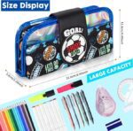 Football-themed kids' pencil pouch with 'Goal! Shoot to Win' design, holographic zipper section, and Velcro flap.
