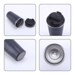 Collage of a black insulated tumbler with lid on a white background