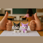 Kuromi EraserErasersCRAFTY CUDDLETwo thumbs up in a classroom setting with two small figurines and the text 'great quality' on a piece of paper.1animeerasersbacktoschoolsupplies