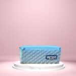 Blue  retro-style pouch with zipper, perfect for storing small items