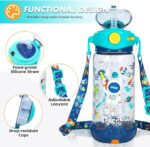 Colorful 650 ml kids bottle featuring an astronaut design, flip-top spill-proof lid, and built-in straw.