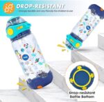 650 ml Space Explorer water bottle for kids, astronaut graphics, easy-open cap, and anti-leak straw.