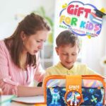 Mom helping son with homework, space pencil pouch for kids on study table