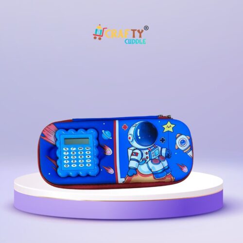 Space-themed  Blue pencil pouch with built-in calculator, perfect for kids and students who love astronomy and school organization.