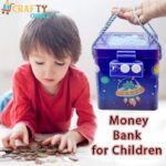 Boy Playing with Coins While Space Theme Tin Piggy Bank with Passcode is Visible in the Background – Fun and Educational Saving Activity for Kids