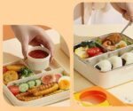 Super Chicken bento lunch boxes for kids, filled with delicious food in 3 compartments, featuring cute chicken designs and leakproof lids