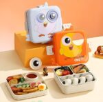 Orange and white Super Chicken bento lunch boxes for kids, filled with delicious food in 3 compartments, featuring cute chicken designs and leakproof lids