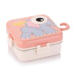 "Cute pink tiffin box featuring an elephant-themed design with 'Super Elephant' branding. The square-shaped lunch box has a handle resembling an elephant's trunk and is displayed alongside a gray version. Perfect for kids’ meals, school lunches, and eco-friendly food storage solutions.