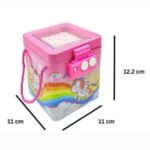 colorful piggy bank measuring 12.2 cm in height and 11 cm in width and depth.