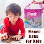 boy playing with scattered coins while a colorful piggy bank sits beside him, symbolizing fun and early money-saving habits
