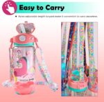 Pink water bottle with colorful adjustable lanyard on a pink background