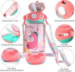 Children's water bottle with unicorn design and multiple features highlighted