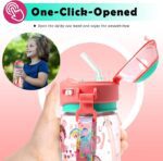 Pink water bottle with straw lid held by a hand, child holding bottle outdoors, and text 'One-Click-Opened'.