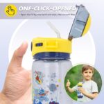 Fun 650 ml space-dinosaur sipper bottle by VEST, BPA-free plastic with strap and anti-spill lid for school.