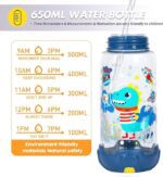 VEST 650 ml spill-proof space dinosaur bottle, easy-open sipper, carry strap, safe BPA-free kids bottle.