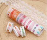 Set of colorful washi tape rolls on a lace background