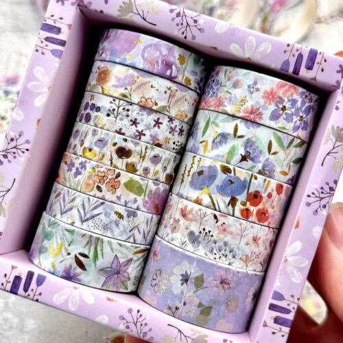 Set of floral washi tape rolls in a decorative box