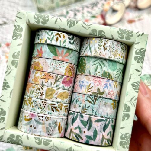 Set of floral washi tape rolls in a decorative box