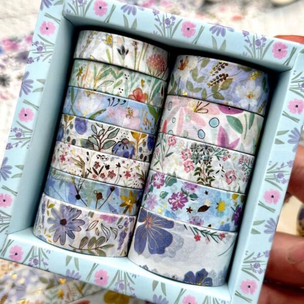 Set of floral-patterned washi tapes in a decorative box
