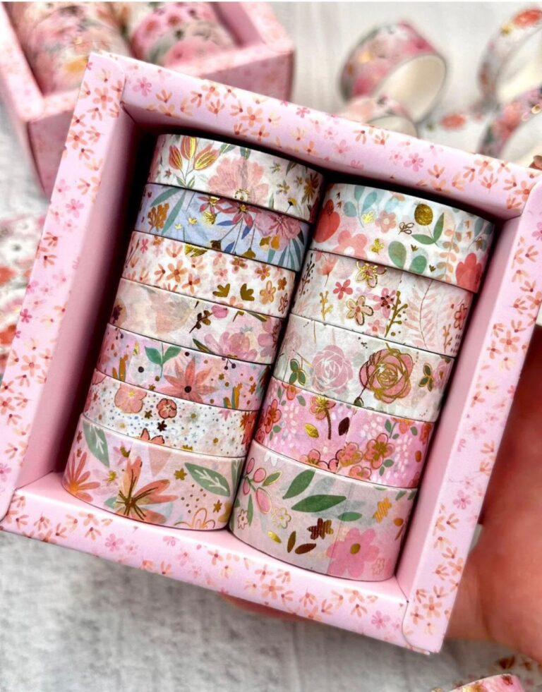 Set of floral-patterned washi tape rolls in a decorative box