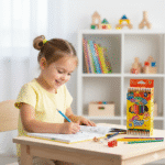 Duo Colour Pencils Set of 12 (24 Shades)pencil colorsCRAFTY CUDDLEChild drawing with colored pencils in a bright room with toys on shelvestopstationery premiumstationery stationeryfinds trendingshop giftideasforkids classroomessentials studentessentials