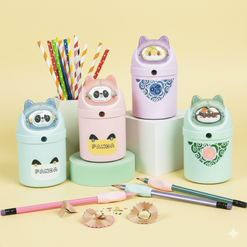 Cute Cartoon Manual Pencil SharpenerStationery > Erasers & SharpenersCRAFTY CUDDLESet of colorful pencil sharpeners with panda design on a yellow backgroundBlueKidsStationery CuteStationery KawaiiStationery SchoolSupplies StationeryAddict CartoonStationery BackToSchool StudyEssentials PastelStationery StationeryLove