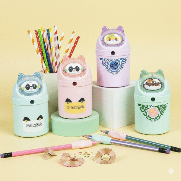 Cute Cartoon Manual Pencil SharpenerStationery > Erasers & SharpenersCRAFTY CUDDLESet of colorful pencil sharpeners with panda design on a yellow backgroundBlueKidsStationery CuteStationery KawaiiStationery SchoolSupplies StationeryAddict CartoonStationery BackToSchool StudyEssentials PastelStationery StationeryLove