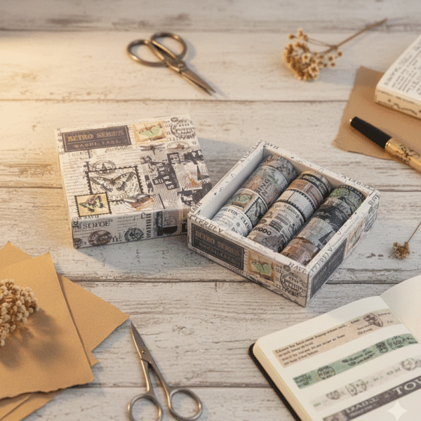 Decorative washi tape set in a matching box on a wooden surface with stationery items.