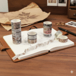 Washi Tape - 18 Rolls Retro SeriesDecorative Washi TapeCRAFTY CUDDLEDecorative washi tape rolls on an open notebook with a wooden surface backgroundWashiTape WashiTapeAddict StationeryAddict CuteStationery PlannerAddict BulletJournal Scrapbooking DIYCrafts PaperCrafts CreativeJournaling StationeryShop