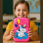 Magical Unicorn Dream Pencil PouchPencil PouchCRAFTY CUDDLEGirl holding a pink lunchbox with a unicorn design in a classroom setting