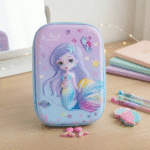 Mermaid-themed pencil case on a desk with stationery items