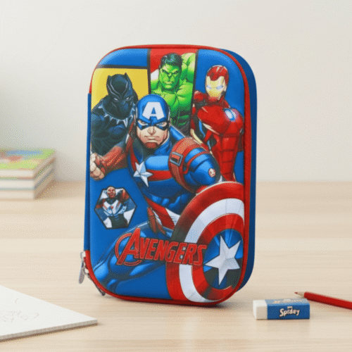 Avengers-themed pencil case on a wooden surface with a white background