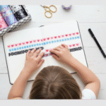 Washi Tape - 18 Rolls MulticolorDecorative Washi TapeCRAFTY CUDDLEChild's hands arranging colorful washi tape on a notebook with stationery items around.washitape washitapelove washitapeaddict floralstationery botanicalstationery naturestationery journaling junkjournal scrapbooking artjournaling creativejournaling aestheticstationery stationerylovers