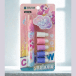 Packaging of Songye erasers with a cartoon design on a light gray background