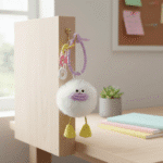 Cute Furry Luggage Tag KeychainKeychainsCRAFTY CUDDLEWhite fluffy keychain with a purple button on a wooden surfaceWhiteLuggageTag TravelAccessories CuteKeychain BagCharm TravelEssentials PomPomKeychain KawaiiAccessories SuitcaseTag GiftIdeas TrendingNow