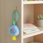 Cute Furry Luggage Tag KeychainKeychainsCRAFTY CUDDLEBlue plush toy with a yellow tag hanging on a hook next to a shelf with books and a plant.Sky BlueLuggageTag TravelAccessories CuteKeychain BagCharm TravelEssentials PomPomKeychain KawaiiAccessories SuitcaseTag GiftIdeas TrendingNow