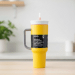 Yellow tumbler with a gray handle on a wooden surface, featuring the Owala brand.