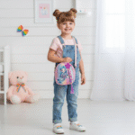 Mermaid Sling Bag with Rainbow StrapKids BagsCRAFTY CUDDLEChild wearing a pink backpack with a mermaid design, standing in a room with a teddy bear and colorful butterfly decorations.PurpleMermaidBag KidsSlingBag GirlsCrossbody CuteKidsBag MermaidTheme PastelFashion RainbowStrap BirthdayGiftForGirls ReturnGiftIdeas KidsFashionAccessories