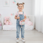 Young girl with a unicorn bag in a denim outfit standing in a bedroom with a teddy bear and pink decorations.