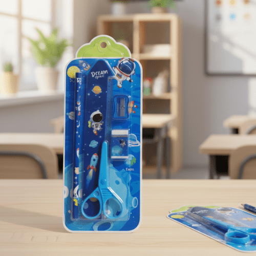 Packaged blue scissors with space-themed design on a wooden surface