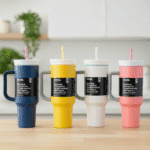 Four colorful tumblers with straws on a wooden surface.