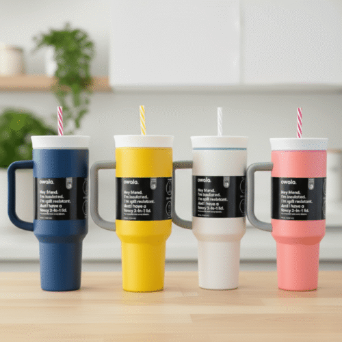 Four colorful tumblers with straws on a wooden surface.