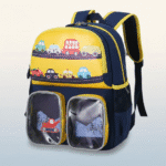 Children's backpack with car design on a light gray background
