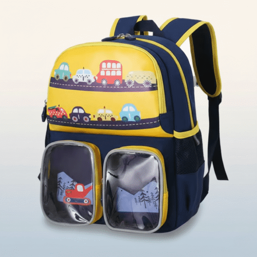 Children's backpack with car design on a light gray background