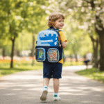 Dinosaur Cartoon School BackpackKids BagsCRAFTY CUDDLEChild walking outdoors with a blue backpack featuring cartoon characters