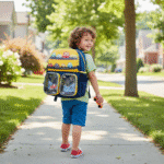Car Print School BackpackKids BagsCRAFTY CUDDLEChild with a colorful backpack walking on a sidewalk in a suburban neighborhood.KidsBackpack SchoolBagForKids PreschoolBackpack KindergartenBag CarThemeBag CartoonSchoolBag ToddlerBackpack LightweightBackpack BoysSchoolBag KidsSchoolEssentials