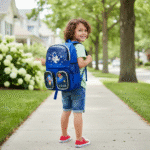 Child with a blue backpack on a sidewalk