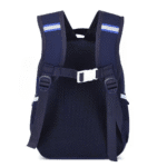 Navy blue backpack with white straps on a white background