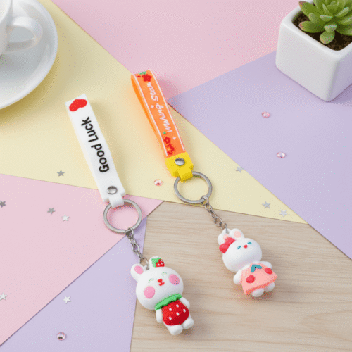 Two colorful keychains with cartoon characters on a pastel background