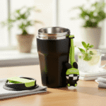Cartoon Charm Insulated Coffee TumblerInsulated Coffee TumblerCRAFTY CUDDLEBlack travel mug with a green handle on a wooden surface, surrounded by plants.BlackCuteTumbler AestheticCups TrendyDrinkware PastelVibes KawaiiStyle ReusableCup HydrationGoals CuteAccessories GiftIdeas HomeEssentials